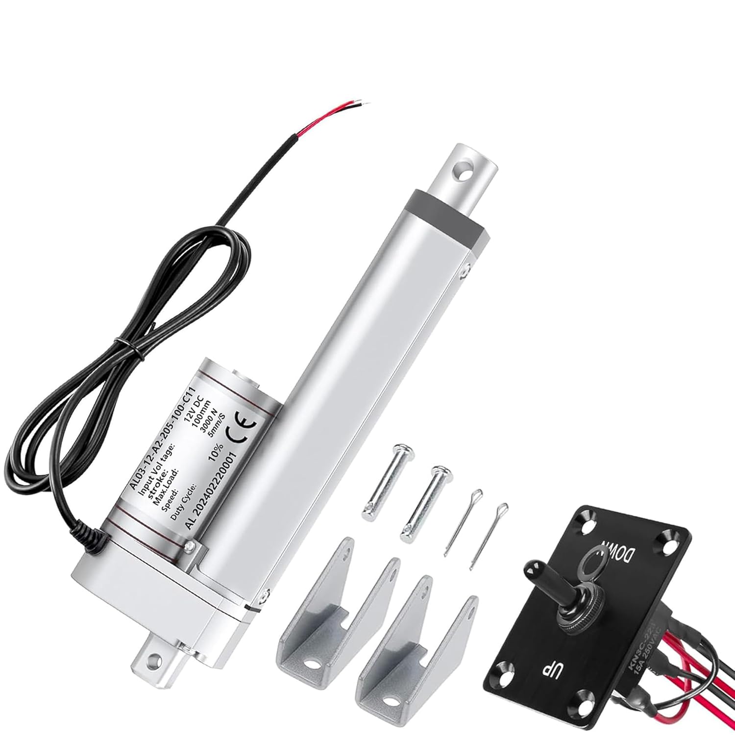 12V linear actuator showing aluminum alloy construction and mounting brackets