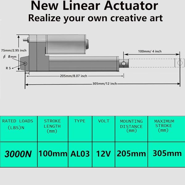 12V Linear Actuator 3000N Thrust Aluminum Alloy IP54-1